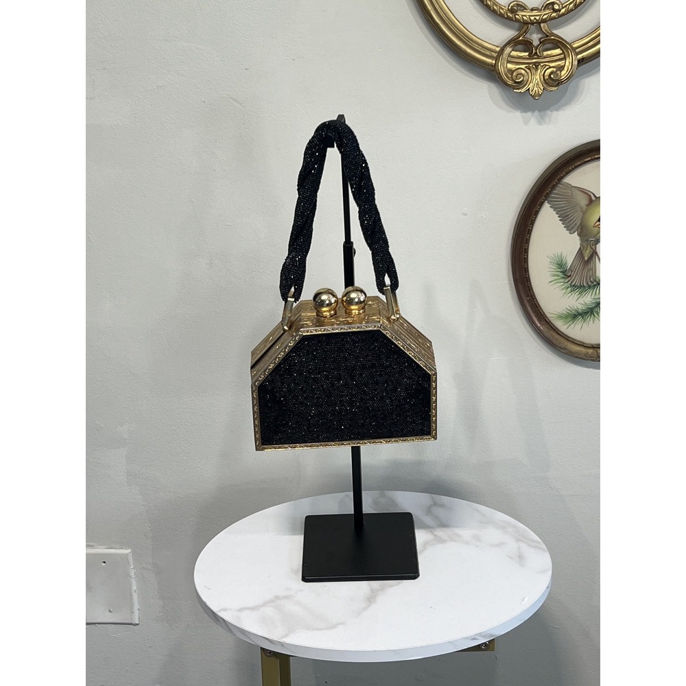 Vintage 1940s Beaded Gold Tone Etched Hard Frame Box Evening Clutch Bag Purse